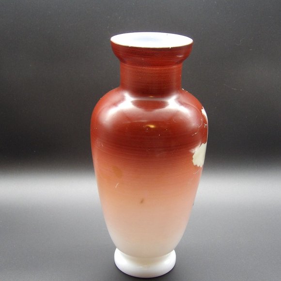 Antique Hand Painted Bristol Glass Vase Red Burgundy Umber with White Flower 9" - Picture 6 of 10